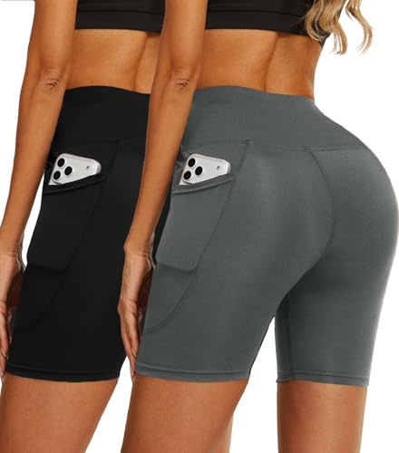 Yutdeng Pantaloncini Sportivi Donna Vita Alta Pantaloncini da Yoga con Tasche Laterali Elasticizzati Opachi Shorts Controllo della Pancia Leggings Corti per Palestra, Ciclismo,Nero+Grigio,S-M