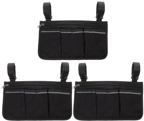 ifundom Lot de 3 Sacoches Latérales pour Fauteuil Roulant en Tissu Résistant Bandes Réfléchissantes, Multiples Poches Zippées, Sangles Ajustables pour Rangement Sécurisé