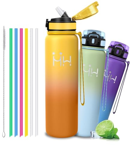 Grsta Gourde Isotherme - Bouteille 1l - Bouteilles Isothermes - Gourde Isotherme avec 6 Paille - Double Isolation - Gourdes Inox - Facile à Nettoyer, Bouteille Thermos pour Sport, Camping, Randonnée