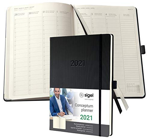SIGEL C2118 Planungsbuch, Terminplaner Wochenkalender 2021, A4+, 1 Woche = 2 Seiten, 1 Spalte pro Tag, schwarz, Hardcover, mit vielen Extras, Conceptum – weitere Modelle