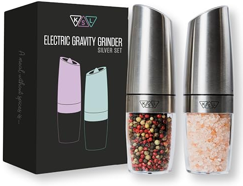 KSL Gravity - Juego de molinillo eléctrico de sal y pimienta – Regalo para el día de la madre – Juego de agitadores automáticos motorizados ajustables – Molino de energía automático – Trituradora