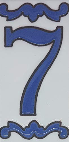 Chiffres de maison en céramique, lettres et cadres, motif espagnol bleu, dimensions : 10 cm H x 5 cm, taille du cadre : 2 à 13 carreaux (numéro 7)