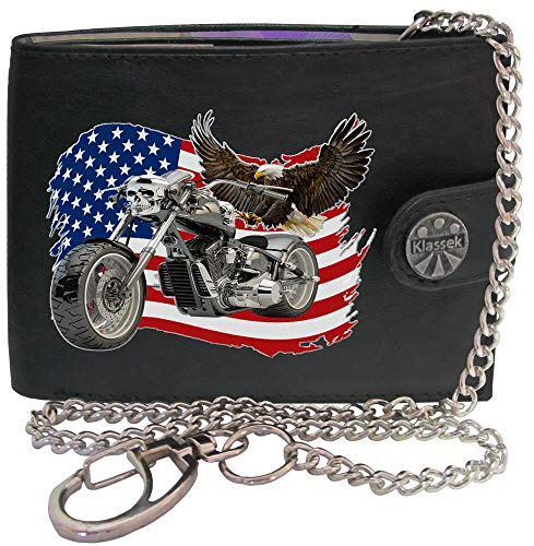 Klassek Biker Motorcycle Chopper American USA Flag Flying Bald Eagle Motor Bike Mens Chain Wallet Gift Box Brand Real Black Leather RFID Blocking with Coin Pocket