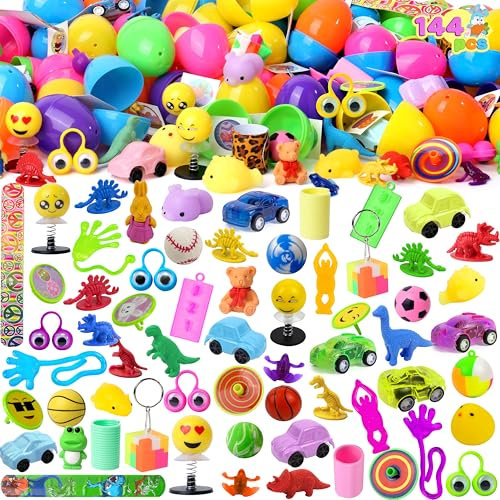 JOYIN 144 Pcs Huevos de Pascua Precargados con Juguetes Surtidos para Búsqueda de Huevos de Pascua, Regalos de Fiesta de Pascua, Rellenos de Canastas de Pascua