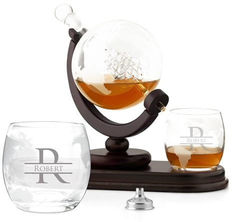 Maverton Globe Whiskey Decanter Set with 2 Glasses, Ship Inside, Personal | 850Ml Carafe with 300ml Personalised Glasses, Present for Men