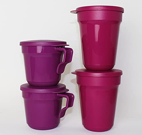 TUPPERWARE Aloha 2x Trinkbecher 470ml Beere + Aloha 2x Tasse mit Henkel 350ml Lila + Mini Trichter lila