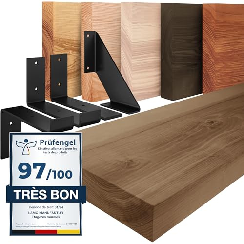 LAMO Manufaktur Holzregal mit schwarzen J-förmigen Halterungen | Wand Regal 70 cm breit für Wohnzimmer, Küche, Büro im Industrial-Stil | Farbe: Nussbaum, Kante: gerade | Massivholz, Vintage-Charakter