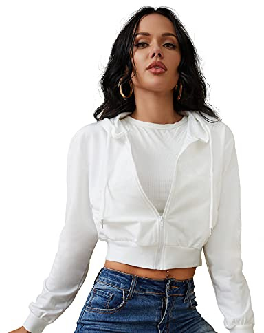 milanpavilion Women's Zip Up Hoodies Cropped Cardigan Jacket Drawstring Hooded Sweatshirts Casual Long Sleeve Top A-white
