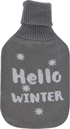 Wärmflasche mit flauschig weichem Strickbezug und mit Wintermotiv, 33 cm 1 Liter (Hello Winter - grau/weiß)