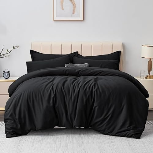 Aisbo Double Duvet Cover Set Black, Brushed Microfiber Bedding Set | 3Pcs Bedding Double Bed Set Black Duvet Cover with 2 Pillowcases 50x75cm, Soft Brushed Microfiber Quilt Cover, OEKO-TEX