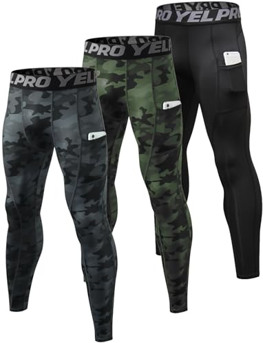 SPVISE Pantalon de Compression pour Homme - Legging Athlétique Frais et Sec - Collants d'Entraînement - Noir + Vert Camouflage + Noir, M, 33 inches