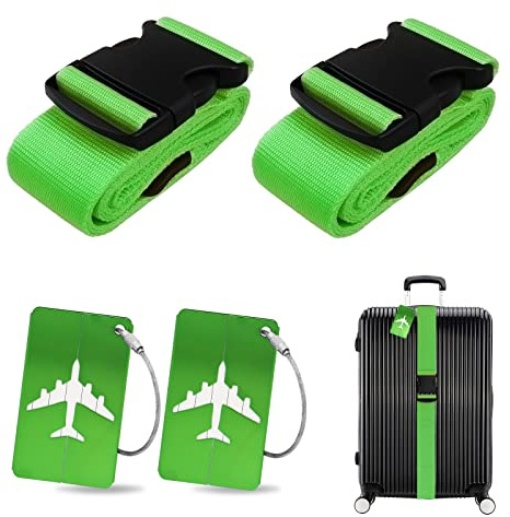Set de sangles de valise, 2 pièces, sangle de bagage avec 2 pièces d'étiquettes de bagage, sangle de valise, cordon personnalisé pour identification rapide des bagages, sac de voyage, sac à main (Vert