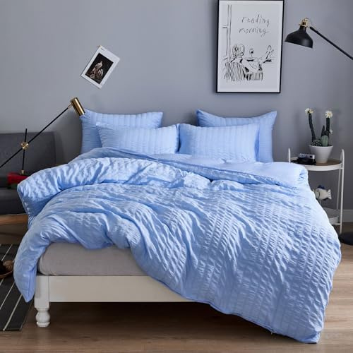 Freyamy Seersucker Bettwäsche 155x220 Blau Geprägt Gestreift Bettwäsche Set