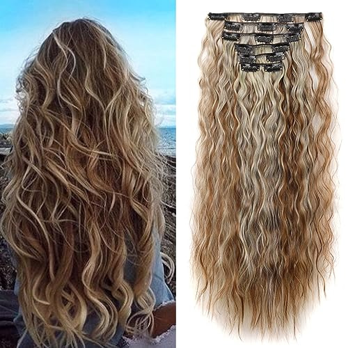 Cybelleza 50cm Clip in Extensions Haarverlängerung Haarteil 6PCS Gewellt | Hair Extensions Clip in Haarverlängerungen Haarteil für Frauen Lang Wellig Synthetisches Haarextension, Hellbraun & Blond