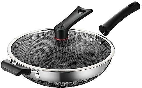 AZHANGYB Wok Acero Inoxidable Sin Antiadherente, Wok Tradicional Acero Al Carbono, Cast Iron Pan With Lid, Capa Natural Antiadherente (34cm)