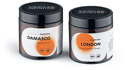 MEZCLAS INFINITAS Especias de todo el mundo para cocinar todo lo tipo de comida 2 tarros de cristal con tapa London curry finest y Damasco Zaatar sirio 2 x 50g