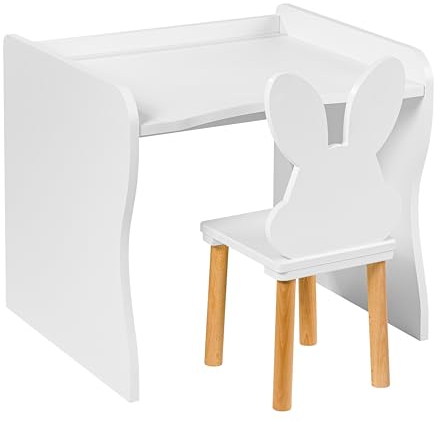 PlayPals Furniture Kinderschreibtisch aus Holz, Kindertisch für Kinder von 3-7 Jahre, Schreibtisch und Stuhl für Kinder Schreibtisch Set (Kinderschreibtisch 63 x 52 cm mit Stuhl Kaninchen)