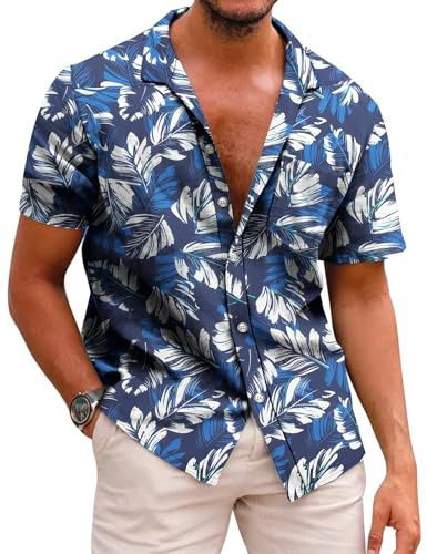 COOFANDY Chemise Homme Hawaienne Manche Courte Chemise d'Été Décontractées Chemises de Plage Casual Funky Imprimé Palmier avec Poche Avant Feuilles de Palmier Bleu et Blanc L