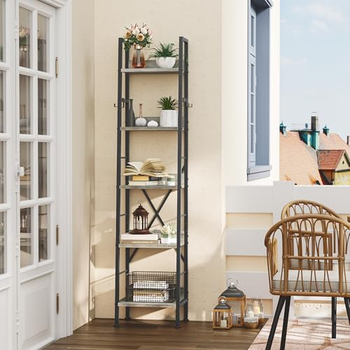 YITAHOME Bookcase 5 Tiers, Industrial Ladder Shelf Floorstanding Book Shelf Wooden Shelves and Metal Frame Book Rack Modern Shelving Unit for Living Room, Hallway, Office, Grey Bookshelf