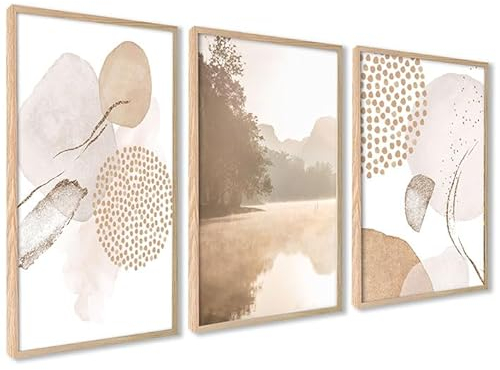 ag.art deco Quadri Moderni Soggiorno con Cornice in Legno A3 30x40 cm | Poster da Parete | Quadri Camera da Letto o il Soggiorno | Set di 3 Stampe da Parete (Astratto Marrone-Beige)