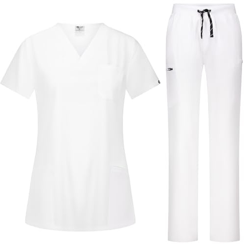 B-well Bella damskrubbset slip-väska + slip-on-byxor set medicin läkare uniform slip-jacka topp med byxor medicinska arbetskläder med elastan, Vit, XL