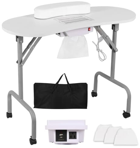 AGESISI Portable Manicure Table Nail Desk with Charging Station & Dust Collector, Foldable Nail Tech Table for Technician Spa Salon Workstation with Wrist Pad 4 Lockable Wheels, 36-inch, White
