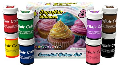 Sugarflair Paste Colour Lebensmittelfarben, Mixed Essentials, Set/8 | Hochkonzentrierte Farbpaste für Fondant, Marzipan und Modellierpaste, Farbintensität Aufbaubar
