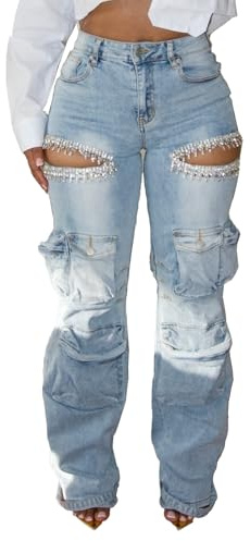Unybwonn Sexy Baggy Sparkly Jeans for Women Cutout Pearl Bedazzled Stretch Cargo Denim Pants with Multi Pockets