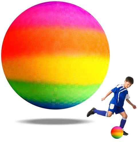 OSDUE Rubber Playground Ball,8.6 Inch Neon Rainbow Ball Football Sports Kickball Dodgeball for Beach Outdoor Fun, Garden Games Easy to Inflate Kids Boys Girls and Adults(Rainbow)