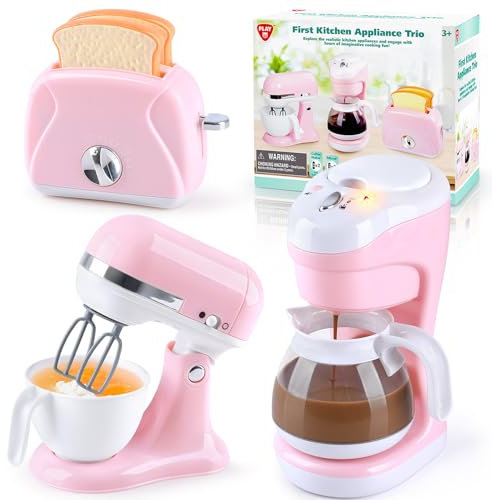 PLAY Küchengeräte Spielzeug Set, Kinderküche Zubehör Set Mit Kaffeemaschine, Mixer, Toaster, Mit Realistischen Lichtern und Geräuschen, Kindergeschenke für Mädchen und Jungen ab 3 Jahren