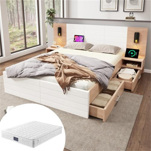 Bett Bettanlage Kopfteil Leselicht mit USB Ladefunktion Doppelbett King Size mit 2 Schubladen Stauraumbett Für Erwachsene Jugendliche Familienbett Gästebett Weiß mit Nachtkommode Matratze 160x200 cm