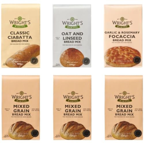 Mixed Grain Bread Mix 3X500g with Garlic Rosemary Bread Mix 500g & Artisan Ciabatta Mix 500g & Oat & Linseed Bread Mix 500g Bread Mix Variety Pack High-Fiber Oat & Linseed, Multi-Seed Whole Grain