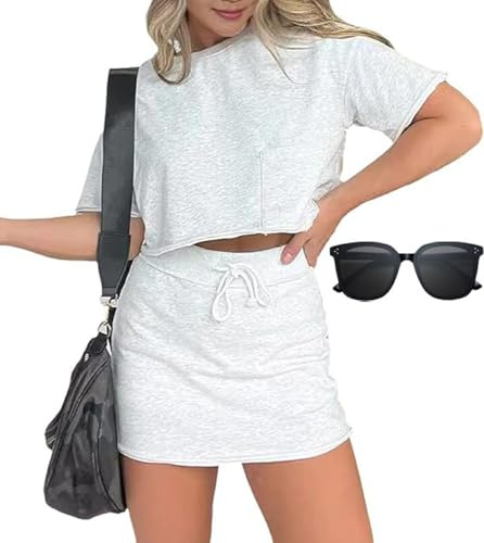 Pink Laura Lounge Cropped tee Skort Set, 2 Piece Summer Skirt Sets for Women, Two Piece Tennis Skirt Set for Women