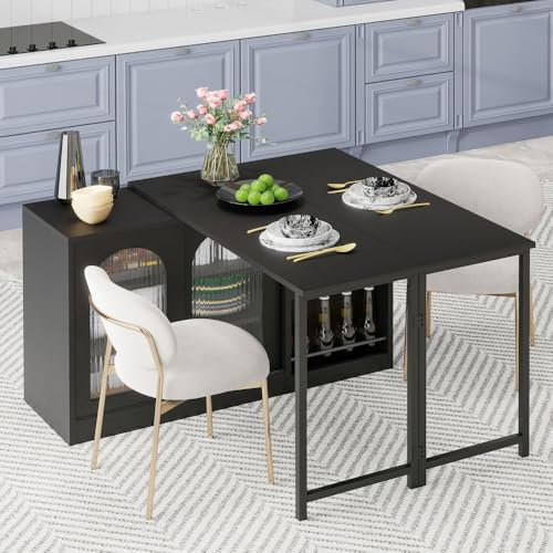 Zubaliya Table de Bar Moderne, Bar Extensible pivotante à 360° avec Rangement, Meuble de Salle à Manger avec Rabattable, avec Porte d'armoire en Verre (Noir)