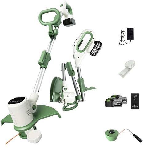 Cortabordes Inalámbrico, Cortabordes Eléctrico para Jardín con Mango Ajustable, Cabezal Reversible de 90°, Protector contra Salpicaduras Más Ancho para Cortar Césped, Ramitas, Brotes, Apto para