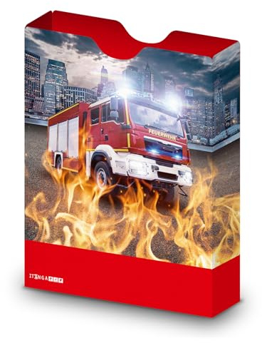 itenga Heftbox DIN A4 – Aufbewahrungsbox für Hefte & Blöcke mit Motivdruck | aus extra stabilem 0,7mm PP Kunststoff | flach geliefert faltbar | Schulbox für Mädchen & Jungen (Feuerwehr)