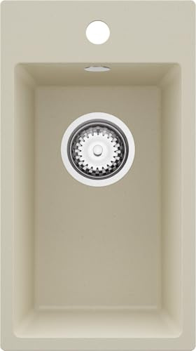 PRIMAGRAN Lavello da Cucina al Mobile 30cm + Kit di scarico, 28x50cm | Set: Kit di scarico (sifone, piletta, troppopieno) + Lavandino in Granito a 1 Vasca - Riga, Beige