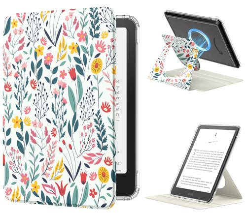 MoKo 360°Drehbar Hülle für 7 Kindle Paperwhite 12. Gen/Colorsoft, Blume | Durchsichtig, Abnehmbar Magnetisch, Verstellbar mit Ständer, Auto Wach/Schlaf, für Kindle Colorsoft 1. Generation 2025/2026