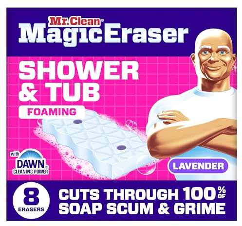 Mr. Clean Magic Eraser Sponge, Bathroom, Shower, Tub Cleaner, Soap Scum Remover, Bathroom Cleaning Supplies, Dawn Cleaning Power with Lavender Scent, Shower & Tub, 8ct