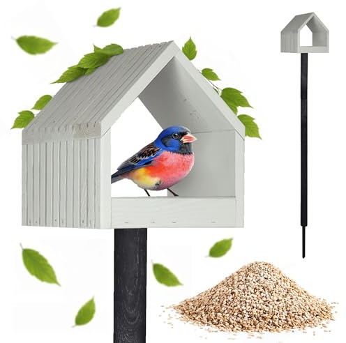 PATKAR Vogelhaus Futterhaus für Vögel mit Ständer aus Kieferholz - Vogelfutterhaus Vogelfutterstation für Wildvögel Vogel Futterstation Geriffeltes Dach + 500g Futter Gratis
