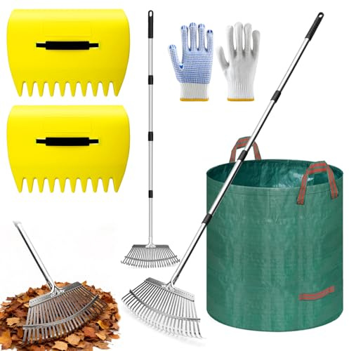 WPPQWP 4er-Set Laubrechen Metall mit Stiel Verstellbar Gartenrechen | mit 2 Laubgreifern 120 L Laubsack Handschuhen, Laubbesen Rasen Rechen 49 cm Arbeitsbreite für Rasen und Garten