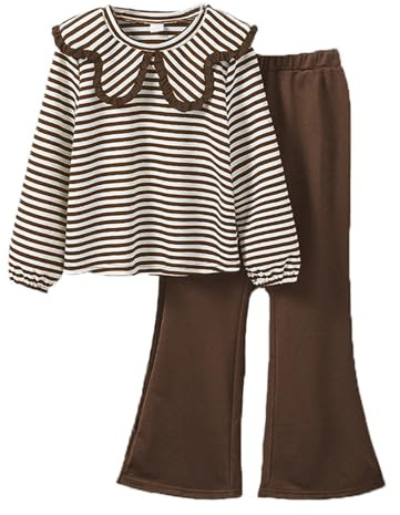 SoLu DAY8 Tuta Completa Bambino Invernale Pantaloni a Zampa E Camicia a Righe Larghi Baggy 7-12 anni Tuta Ragazza Bambine Invernali Outfit Comodi Eleganti Casual Jogging (Brown, 11-12 Years)