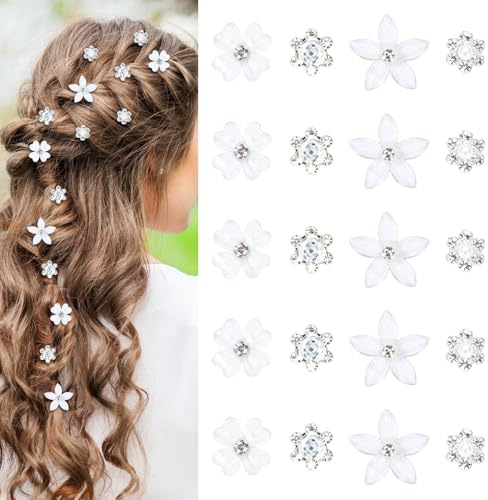 20 Stück Weiße Kleine Blumen Haarspangen Mädchen,Blumen Haarklammer Klein mit Strass,Kommunion Haarschmuck Accessoires,Haarschmuck Haarnadeln Frauen für Braut Hochzeit