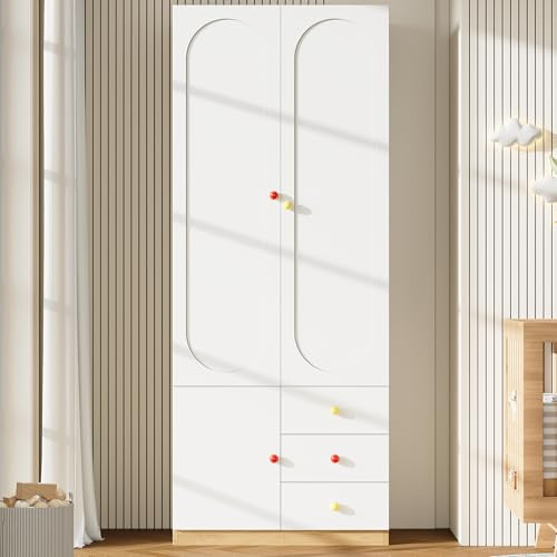 Merax Kinderkleiderschrank mit 3 Schubladen, 2-türiger Kleiderschrank für Kinderzimmer mit Kleiderstange & bunten Keramikgriffen, Kinderzimmermöbel, Lack-Oberfläche, 80x45x200cm, Weiß