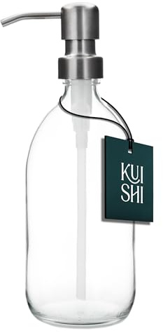 Kuishi Klarglas-Pumpflasche Spender [1000 ml, Silberpumpe] Nachfüllbare Braunglas-Seifenspender Flasche mit Edelstahlpumpe, umweltfreundlich (BPA-frei)