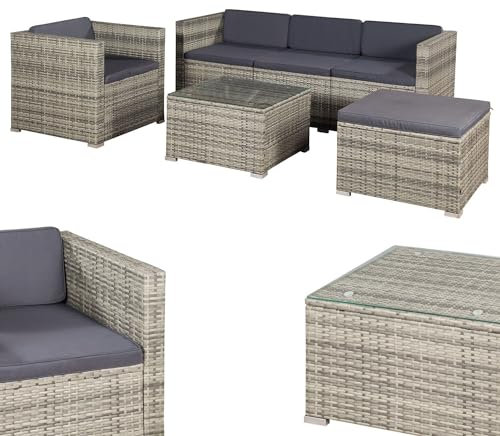 Juskys Polyrattan Lounge Punta Cana L für 4-5 Personen mit 3er Sofa, Sessel, Hocker, Tisch & Kissen, Sitzgruppe für Garten, Terrasse und Balkon, Gartenmöbel Set wetterfest - Grau-meliert