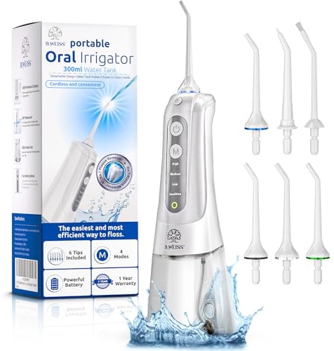 High-Power Cordless Water Flosser for Teeth Cleaning: IPX7 Waterproof Oral Irrigator with 4 Cleaning Modes, Including Sensitive Mode for Gentle Gums – Rechargeable 6 Replacement Tips Included