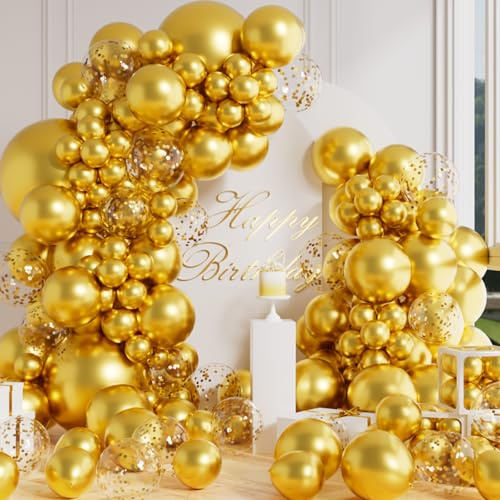 AULE Kit Arco Palloncini Oro: 100 Pezzi Dorati Coriandoli Set Ghirlanda Palloncini in Lattice Con Nastri per Anniversario Laurea Matrimonio Addio Al Celibato Compleanno Decorazioni