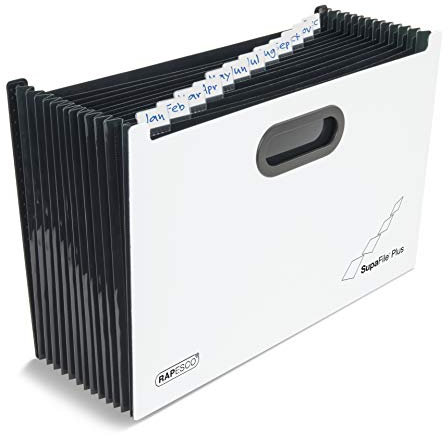 Rapesco 1624 SupaFile Plus 13-Teiliger Fächermappe, Übergröße für Akten und Ordner, A4+, Weiß mit Schwarzen Trennblätter