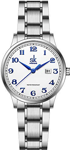 SHENGKE SK Klassische Business Damenuhren mit Edelstahlband und eleganter Damenuhr aus echtem Leder